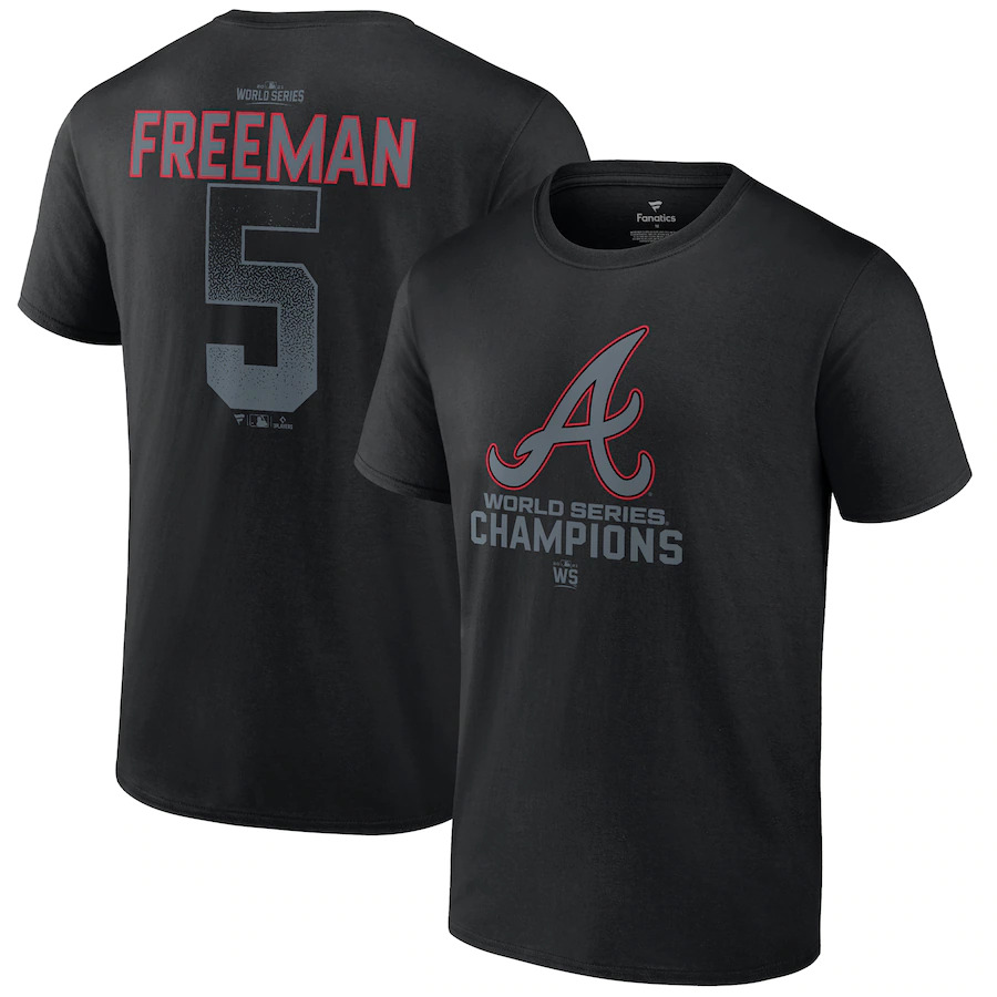 Men's Black Atlanta Braves #5 Freddie Freeman 2021 World Series Champions Name & Number T-Shirt